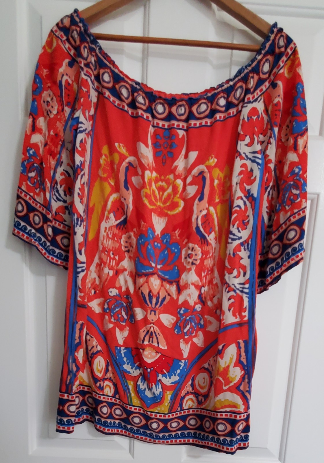Flying Tomato Boho Off The Shoulder Shift Dress In A Vibranth Red Floral Size M