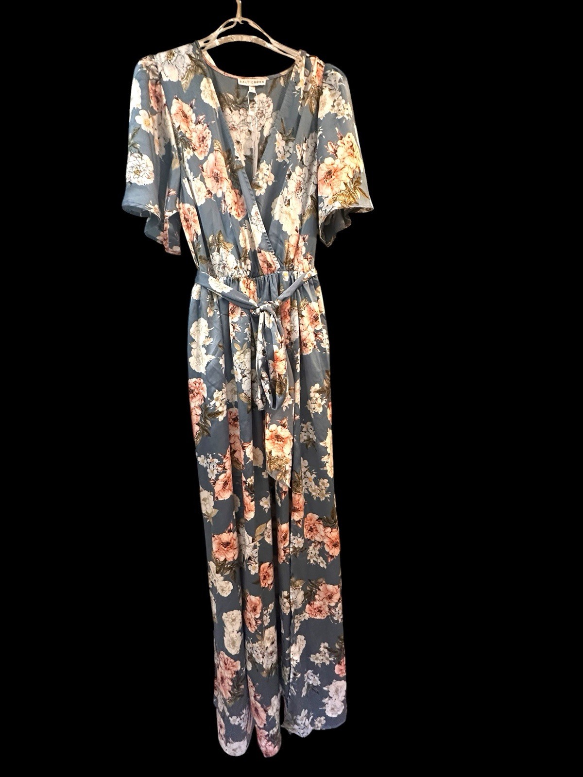 Baltic Born Sicily Blue Floral Satin Maxi Dress Sz L Wrap Style High Slit NWT