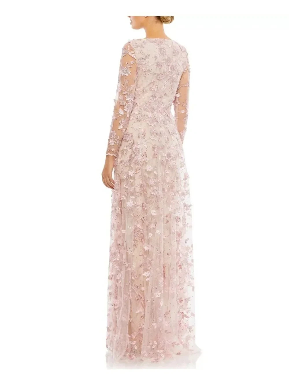 Mac Duggal 70224 Floral Applique Long Sleeve Illusion Gown Rose Pink Size 12 NWT