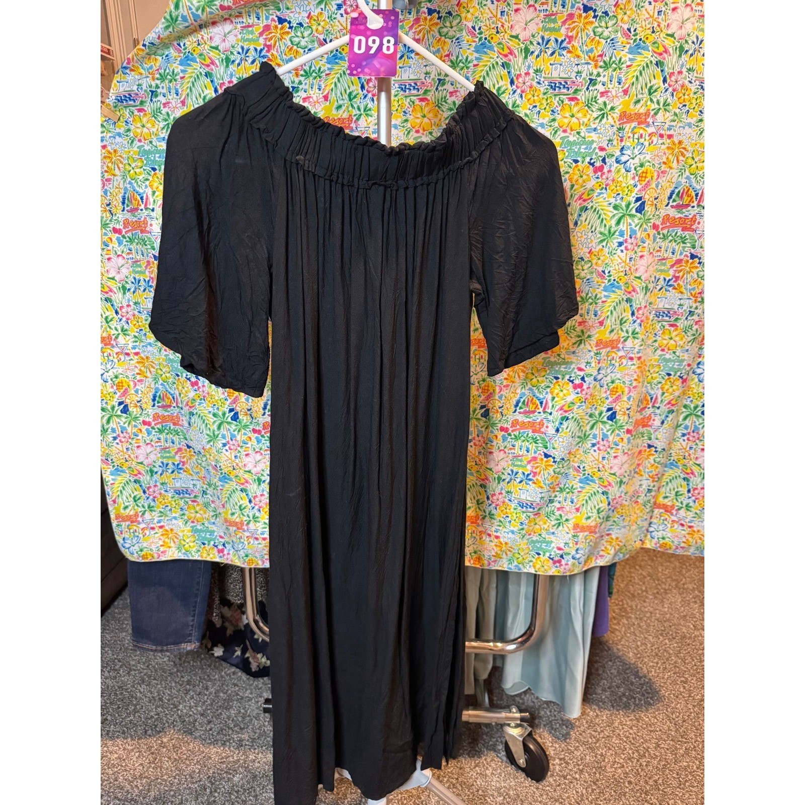 098 Pink and Silver Womens Black Floral Embroidered Boho Peasant Dress L