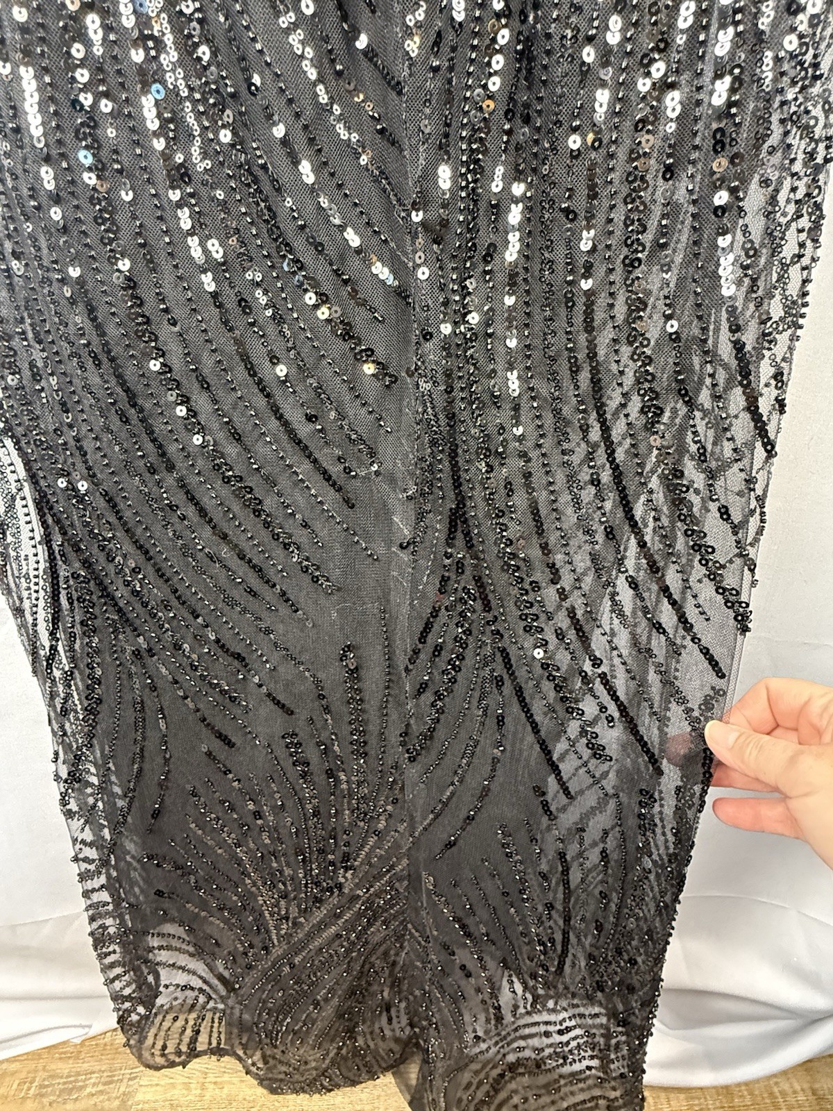 Black Beaded Sequin Sheer Midi Dress Lace Back Formal Party S Small