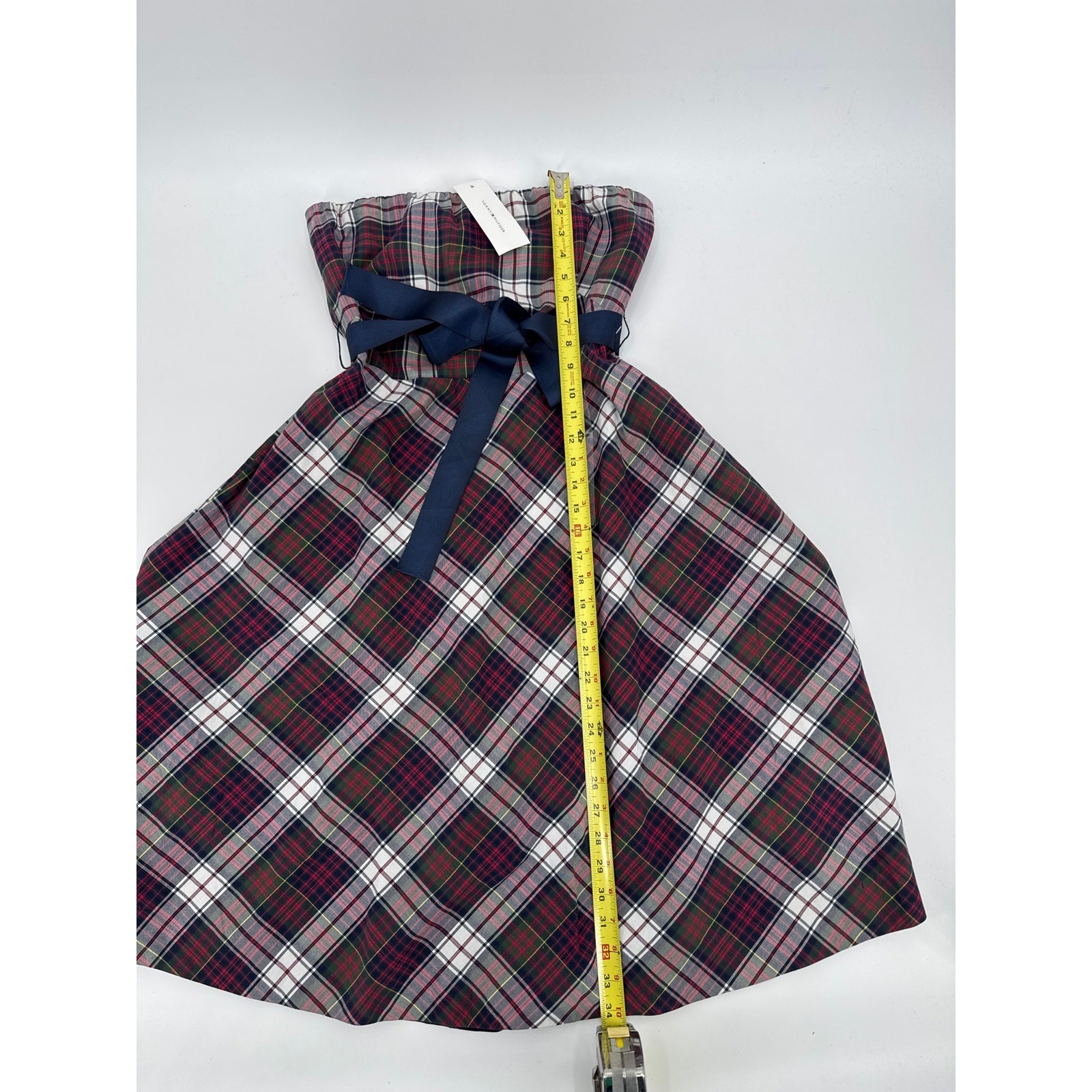 Tommy Hilfiger Strapless Plaid A Line Dress Navy Bow Detail Size 8 Nwt
