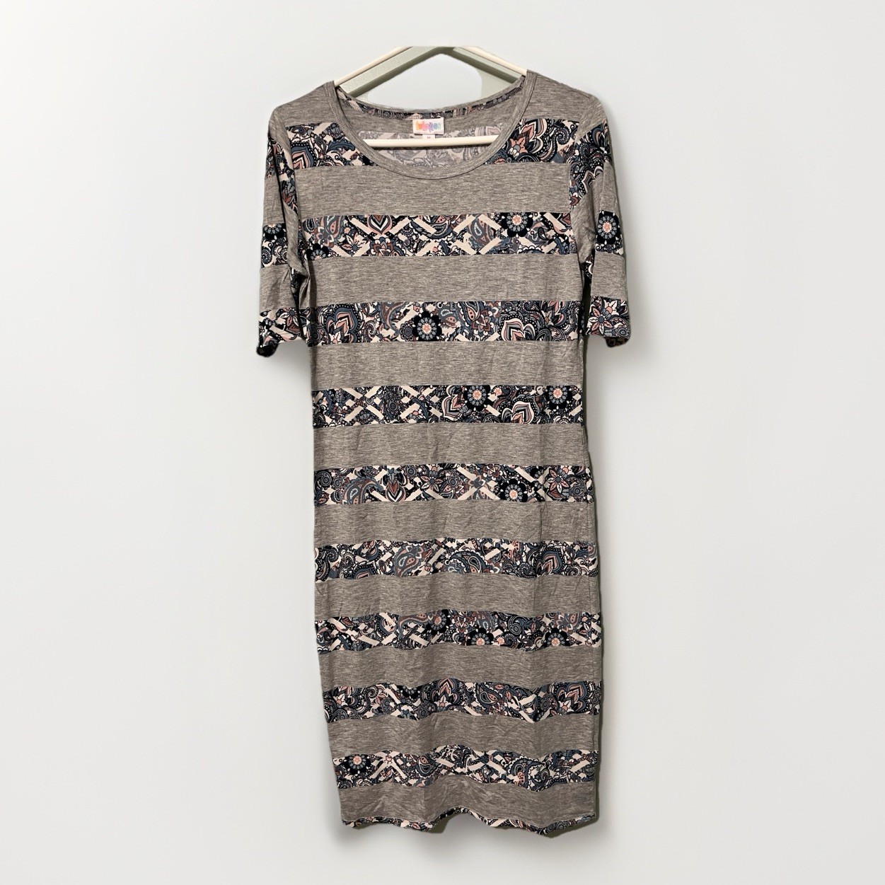 NWT LuLaRoe Julia Dress M Pink Blue Gray Floral Paisley Stripes Bodycon