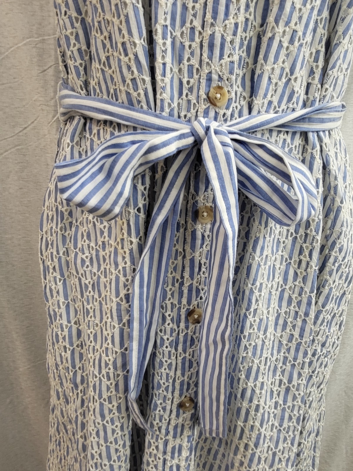 Anthropologie Stripe Sleeveless Button Embroidered Eyelet Blue White Dress Sz 12