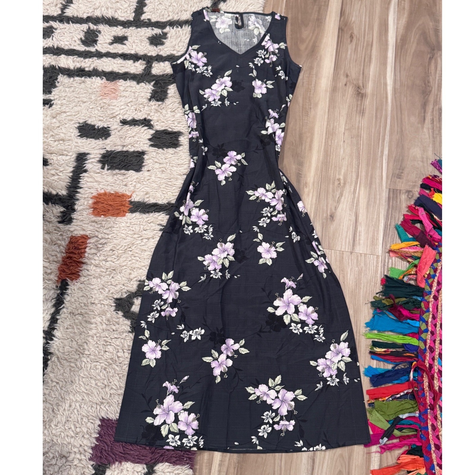 Tommy Bahama Women’s Black Floral boho chic Silk Maxi Dress Side Slits Size S b1