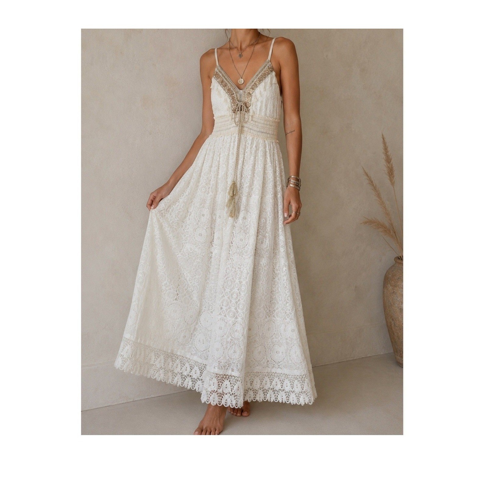 Bohemian Ivory Lace Maxi Dress Crochet Tassel Sequin Beach Wedding Festival S/M