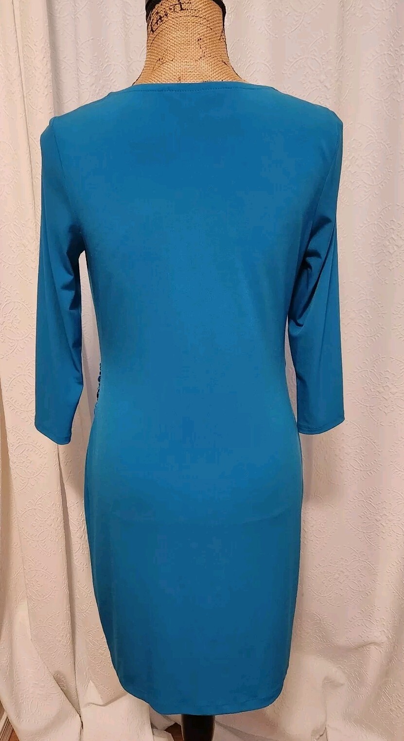 Thalia Sodi Women’s S Teal Blue 3/4 Sleeve Pleated Faux Wrap Buckle Accent Dress