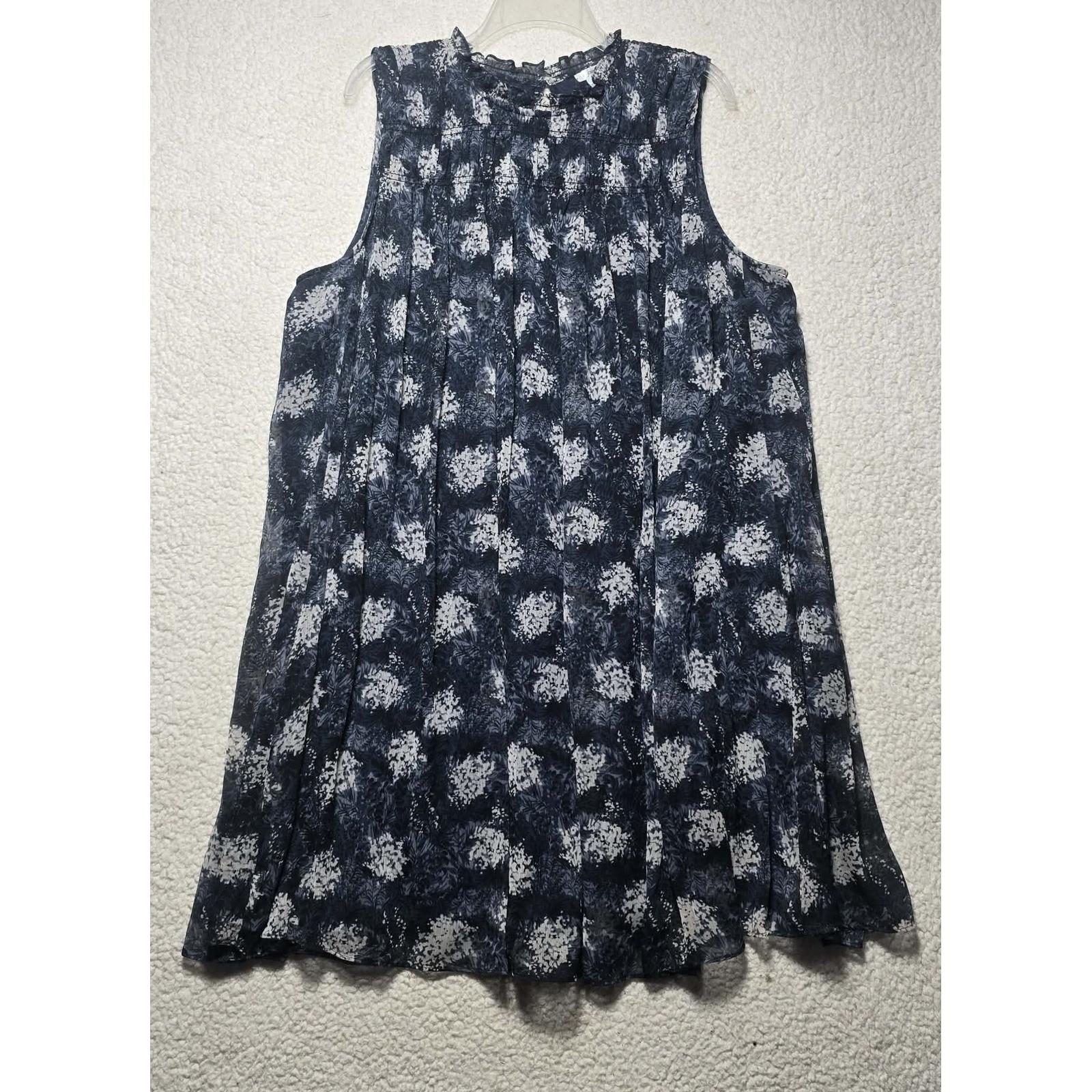 Joie Navy Blue White Floral Smocked Ruffle Neck Sleeveless Mini Dress XXL