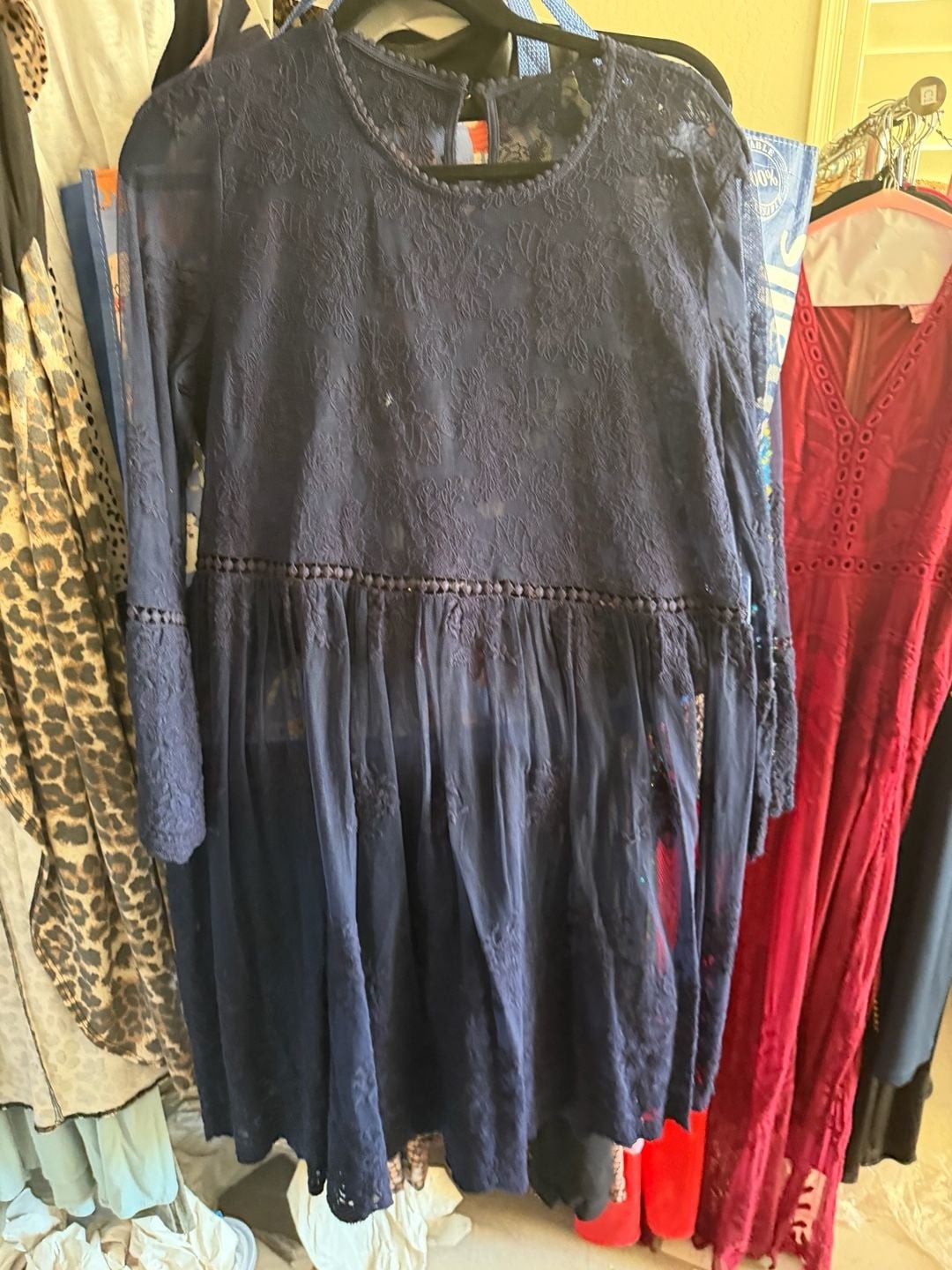 Suzanne Betro Navy Blue Floral Lace Long Sleeve Boho Dress