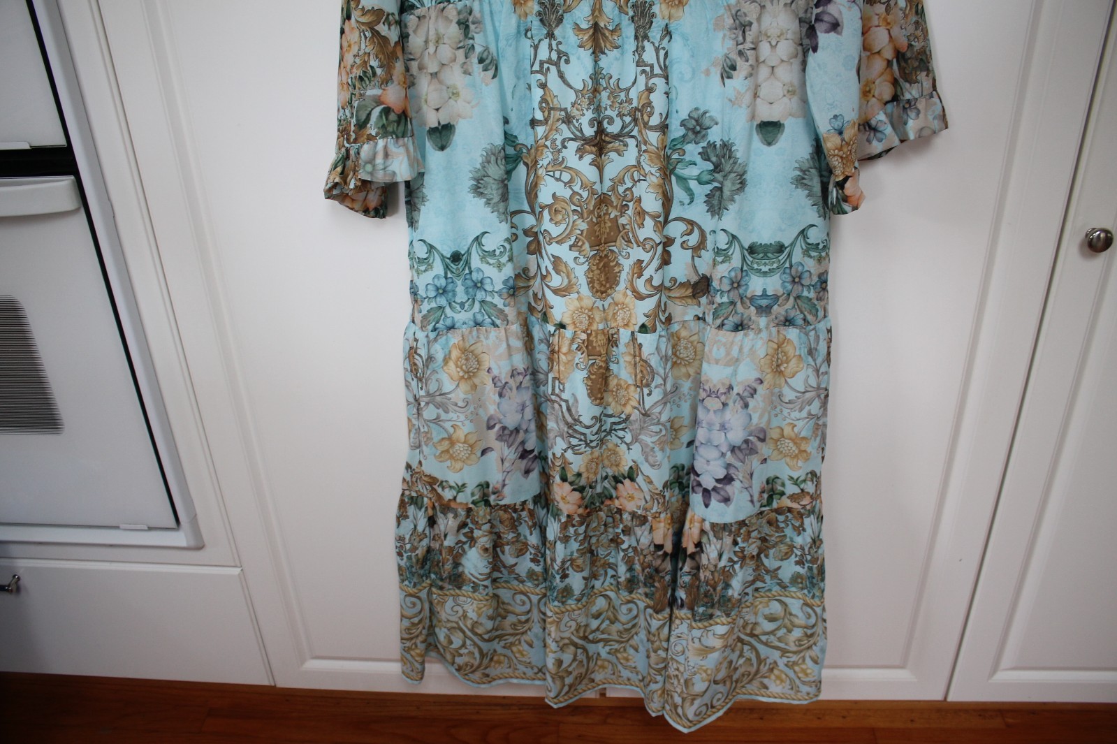 Soft Surroundings Blue Gold Floral Baroque Bead V-Neck Tier Maxi Dress M SUPERB!