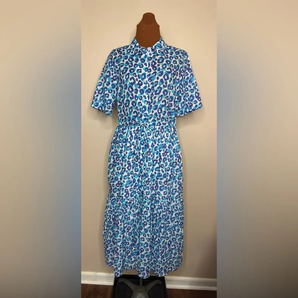 VilaGallo Eveline Blue Leopard Animal Print Midi Dress, Size EU 42, US 10