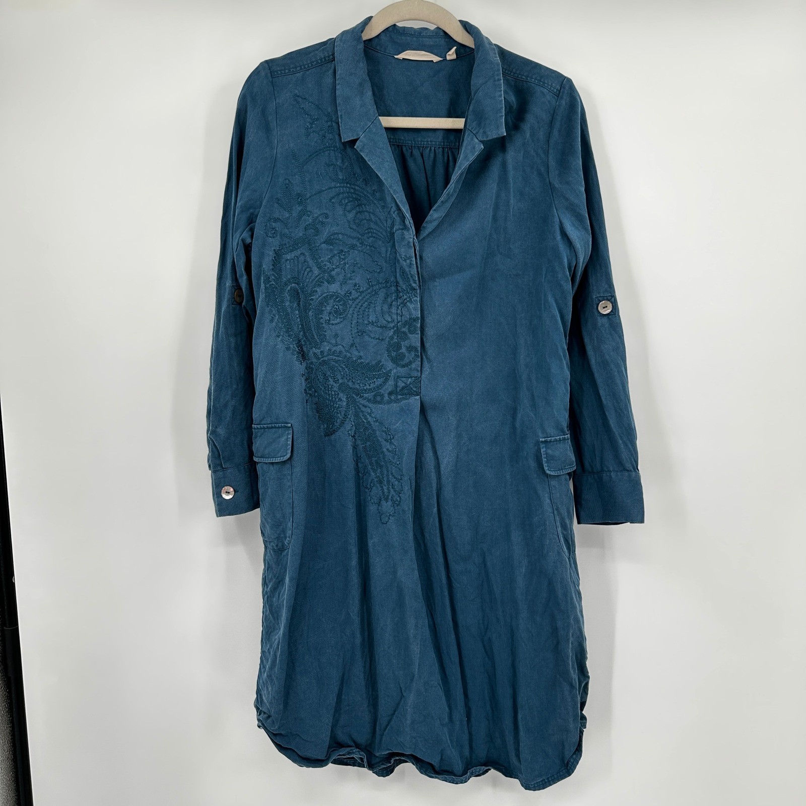 Soft Surroundings Teal Tencel Embroidered Roll Tab Shirt Dress Medium Lagenlook