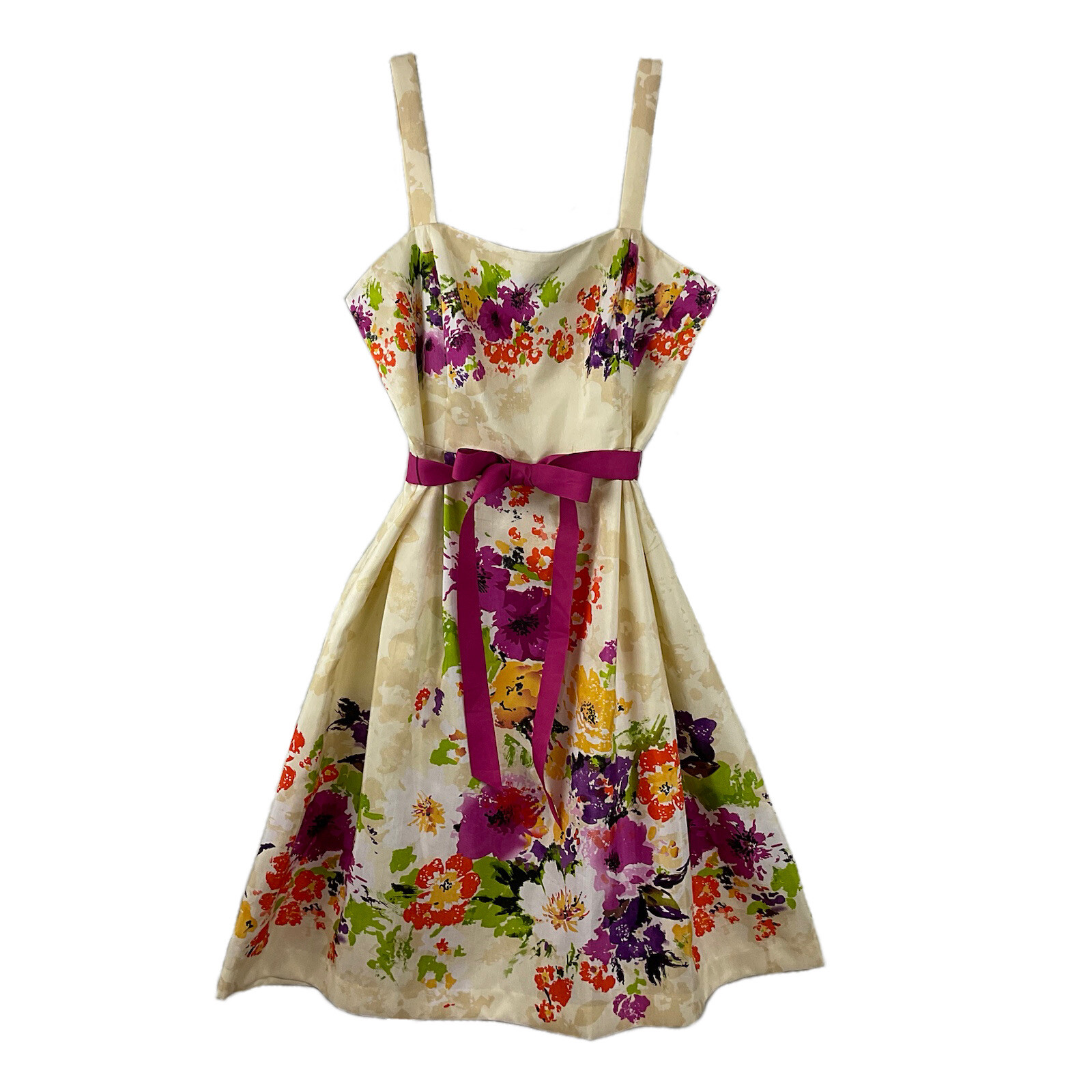 Vtg Jessica Howard Sun Dress Cream Multicolor Floral Pink Sash Fit & Flare Sz 12