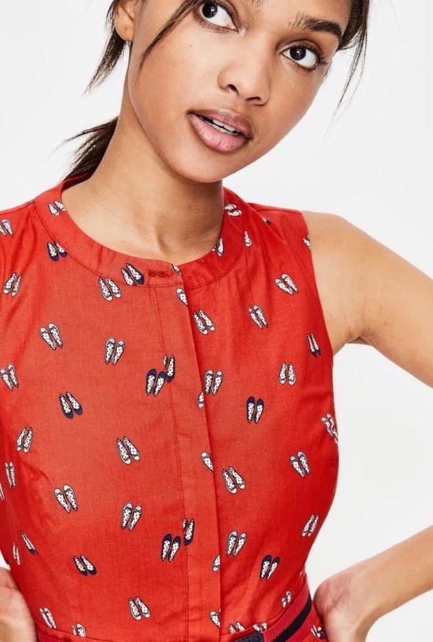 158 NWT Boden Leila Red Shirt Dress Ballet Slipper Shoe Print Red 6 Pockets $128