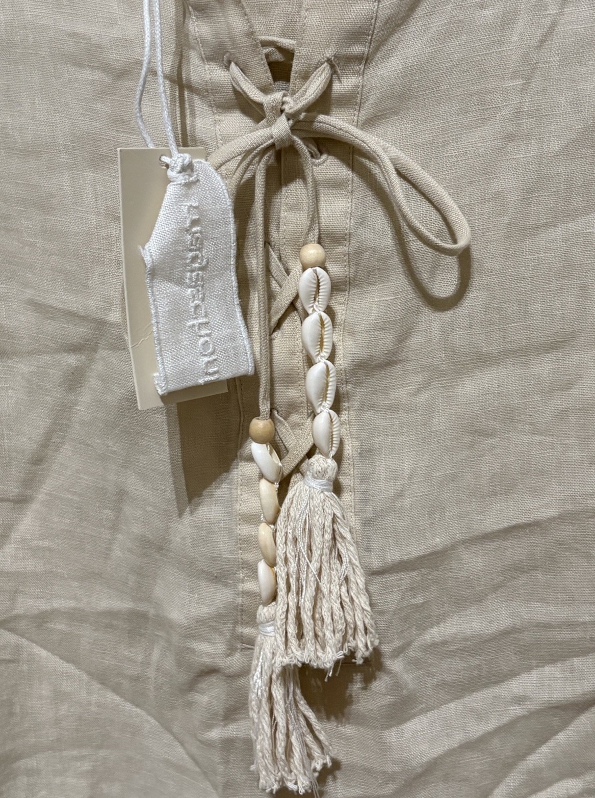 Magaschoni Oatmeal Linen Peasant Shift Dress XS NWT Shell Tassel Oversized