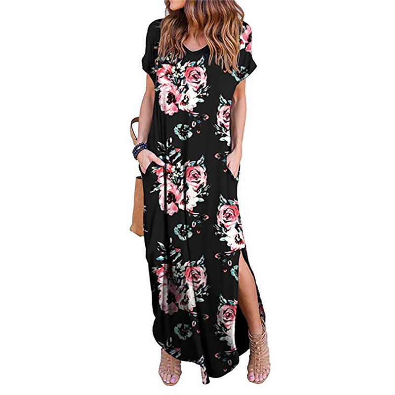 Womens Holiday Sundress Long Maxi Dresses Ladies Side Slit T-shirt Dress Boho UK