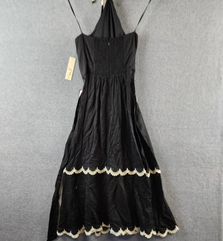 Eliza J Beaded-Strap Contrast-Trim Halter MIDI Dress Women’s 6 Black Linen Blend
