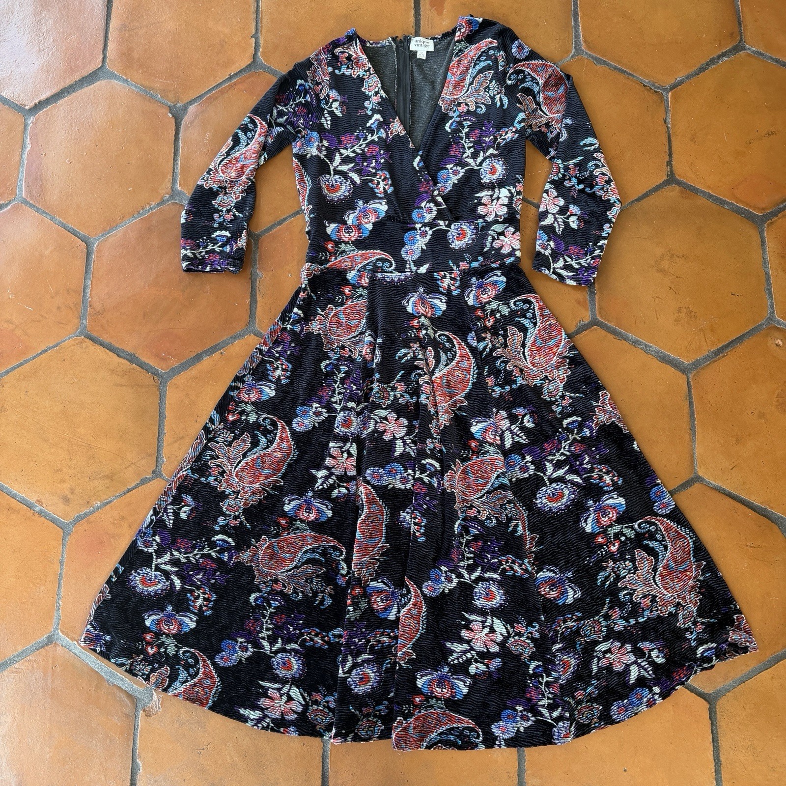 Unique Vintage Black Floral Velvet Maxi Dress Stretch Whimsygoth Goth Fairy Sz L