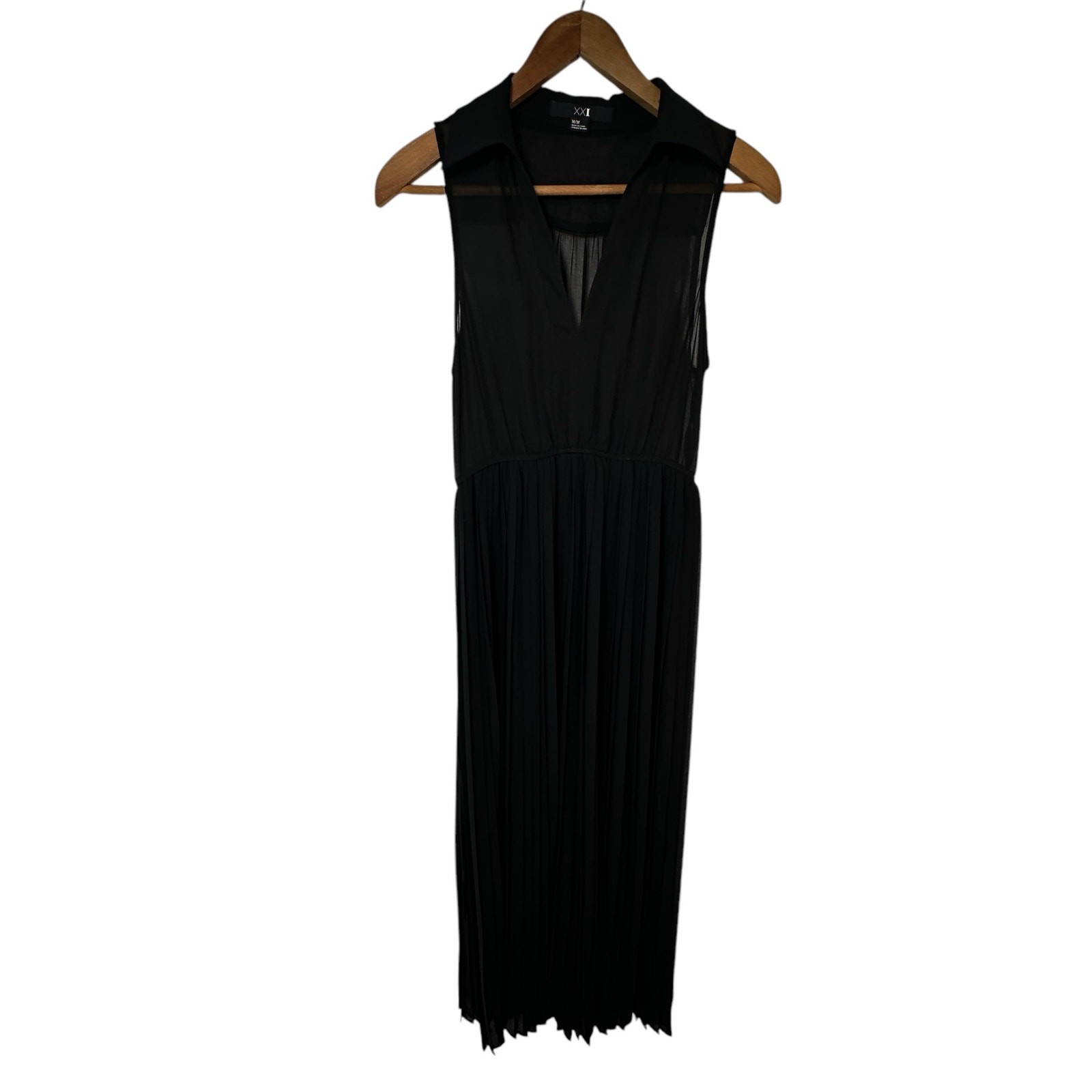 XXI Sheer Chiffon Maxi Dress Collared Tank Pleated Skirt Black Size Medium