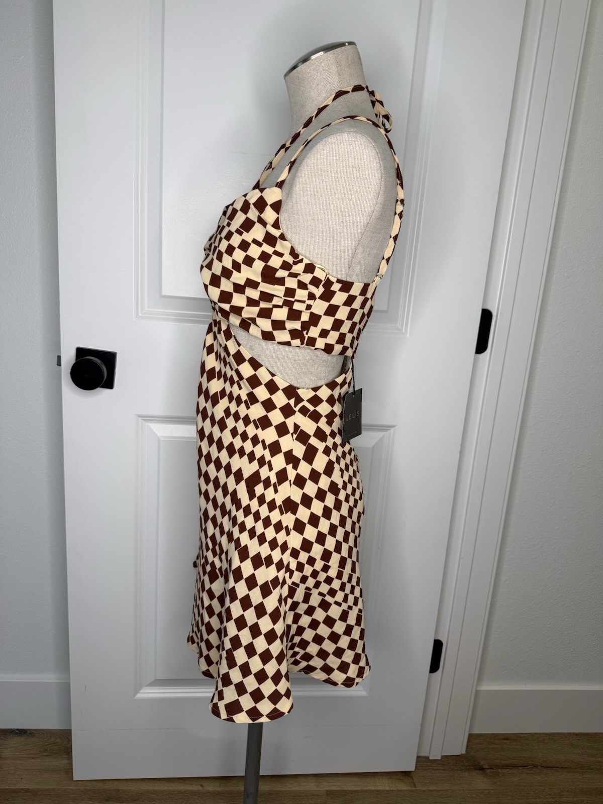 Le Lis NWT Brown And Beige Check Mini Dress With Cutouts Size Medium