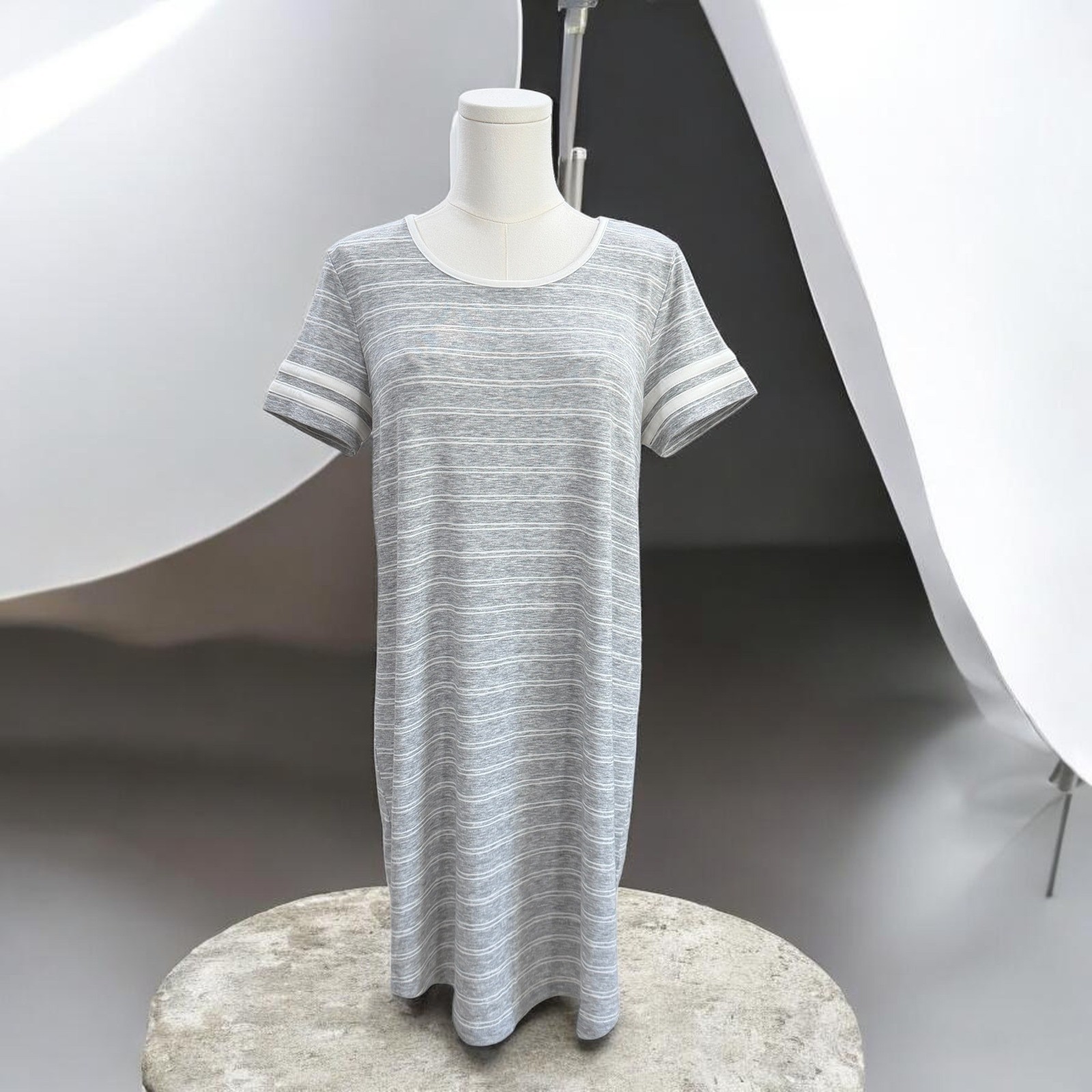 Pink Rose Gray Striped T Shirt Dress Womens Large Casual Soft Stretchy Comfy NWT