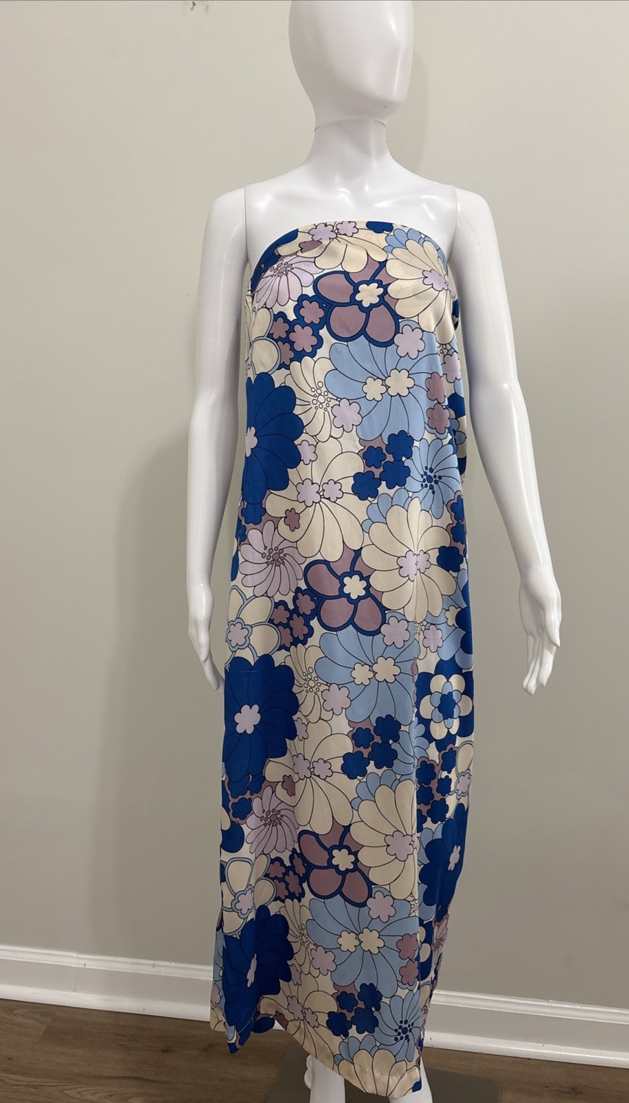Zara Blue Pink Ivory Floral Strapless Midi / Maxi Dress Sz M