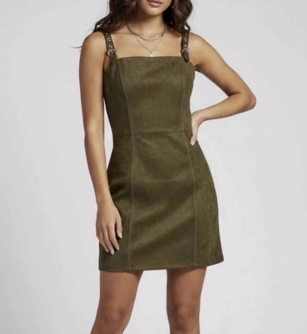 AUW Olive Green Faux Suede Mini Dress Western Silver Buckle Straps Size L Boho