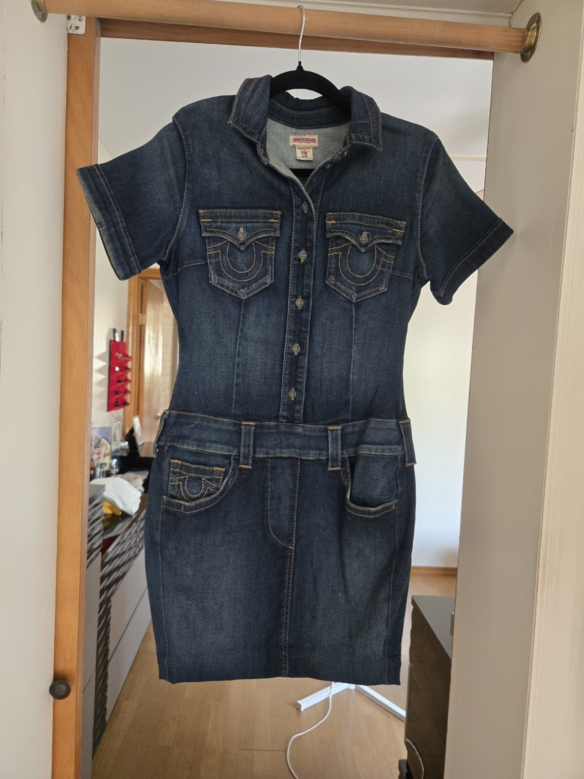 True Religion Womens S/P Blue Denim Shirt Dress Button Front Collared Pockets