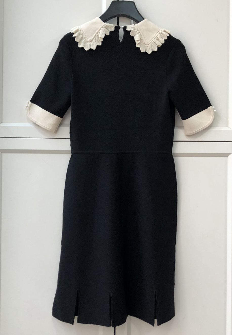 Sandro Lace Collared Pearl Embellished Sleeve Slit Hem Mini Dress