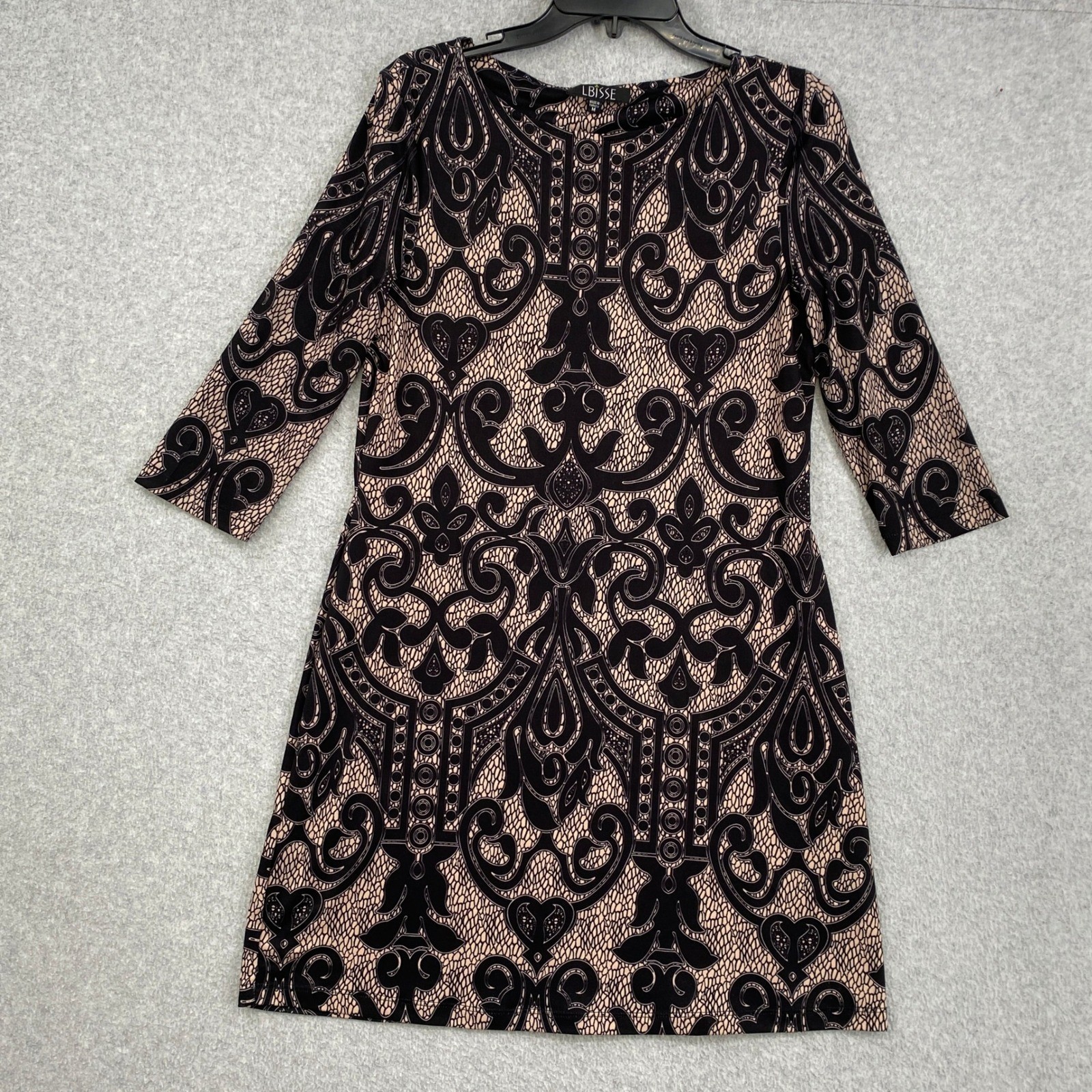 LBisse Sheath Dress Womens Medium Tan Black Scroll Print 3/4 Sleeve Stretch