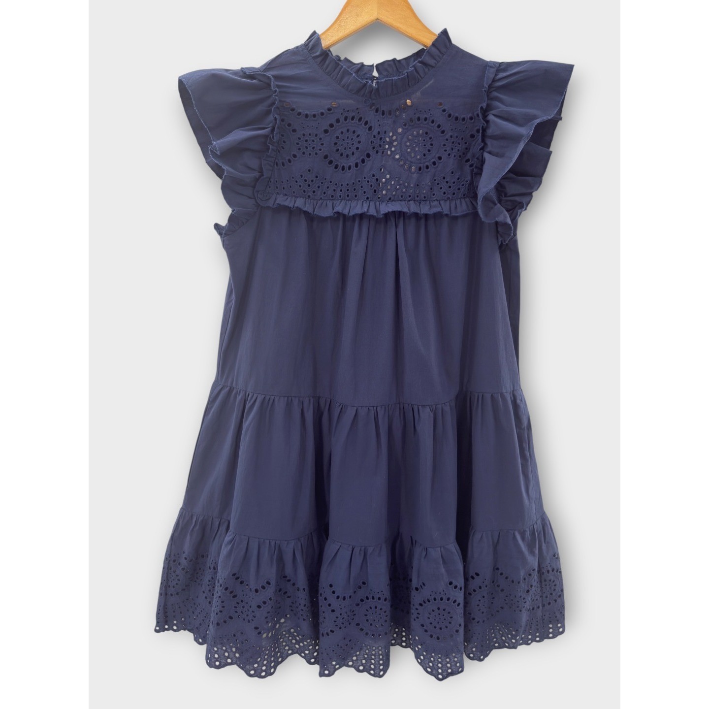 PINCH Eyelet Tiered Mini Dress Small Ruffle Flutter Sleeve Babydoll Coastal NWT