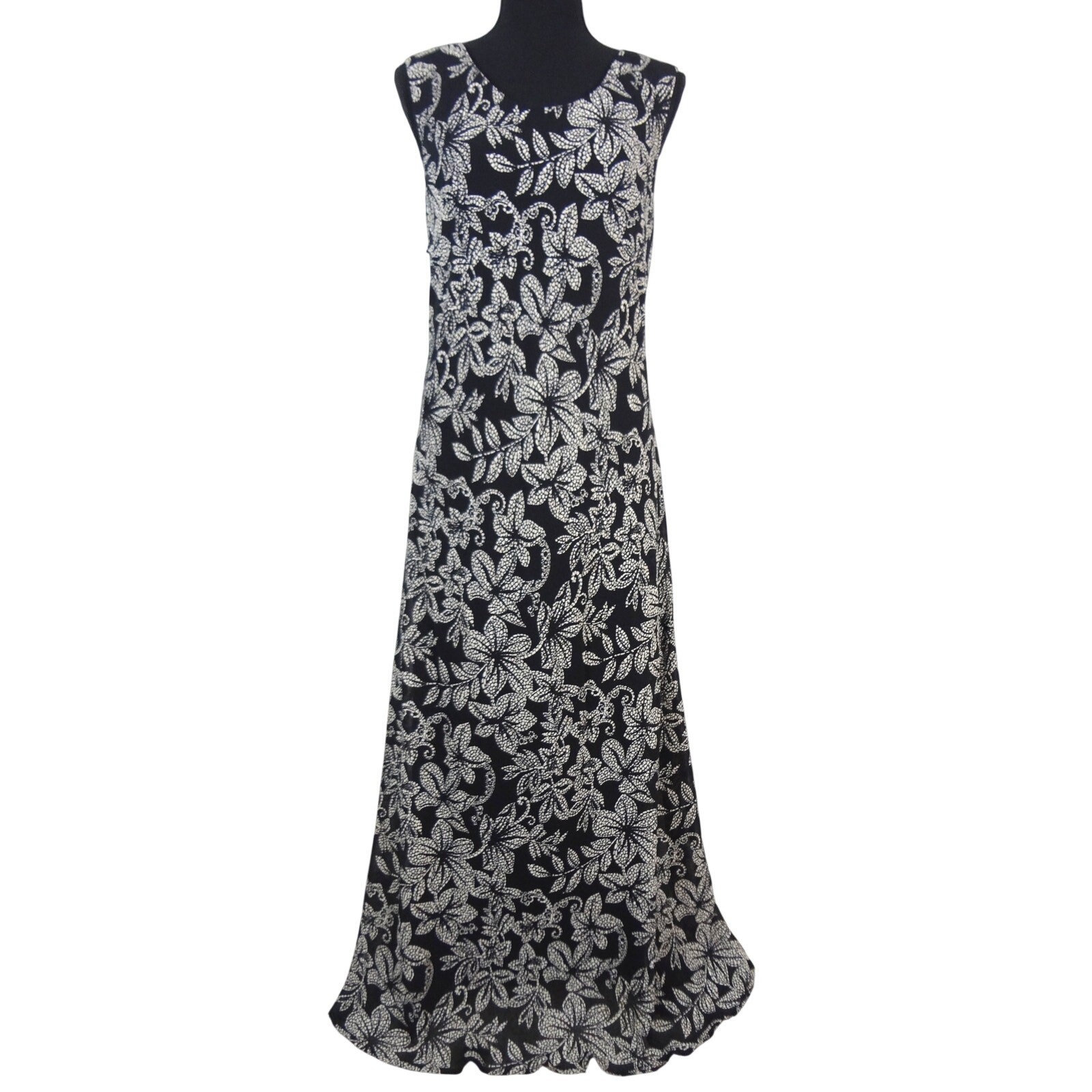 Vintage 90s Y2K Dorby Black & Cream Floral Maxi Dress Plus 18 Long Sleeveless