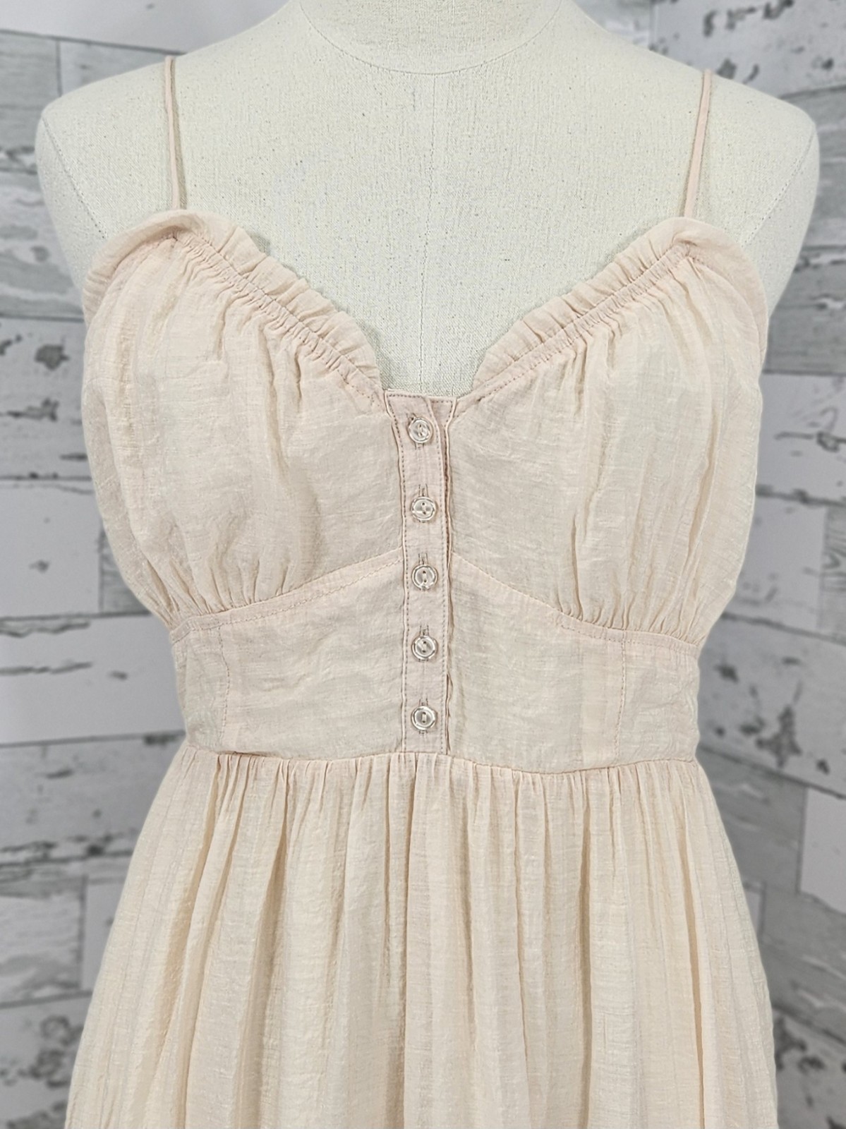 H & M Womens 12 Sleeveless Ruffle Midi Dress Gathered Waist Cream Peach