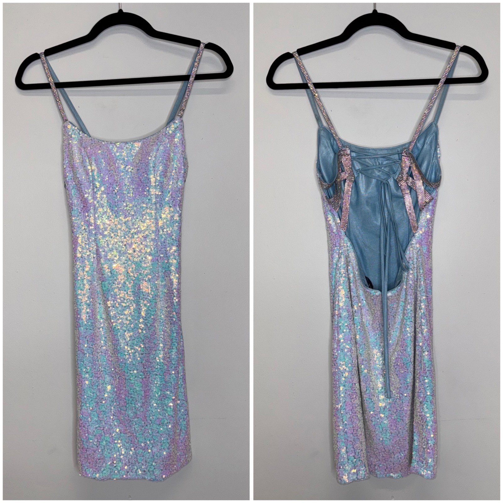 Alyce Paris Iridescent Sequin Rhinestone Strappy Back Mini Dress HOCO Prom Sz 00