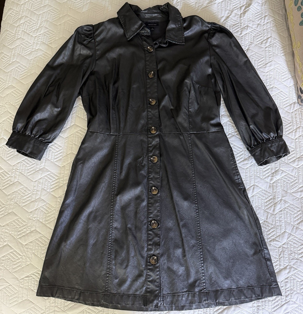 WHO WHAT WEAR Womens Black Faux Leather Shirt Dress Collared Button Front L