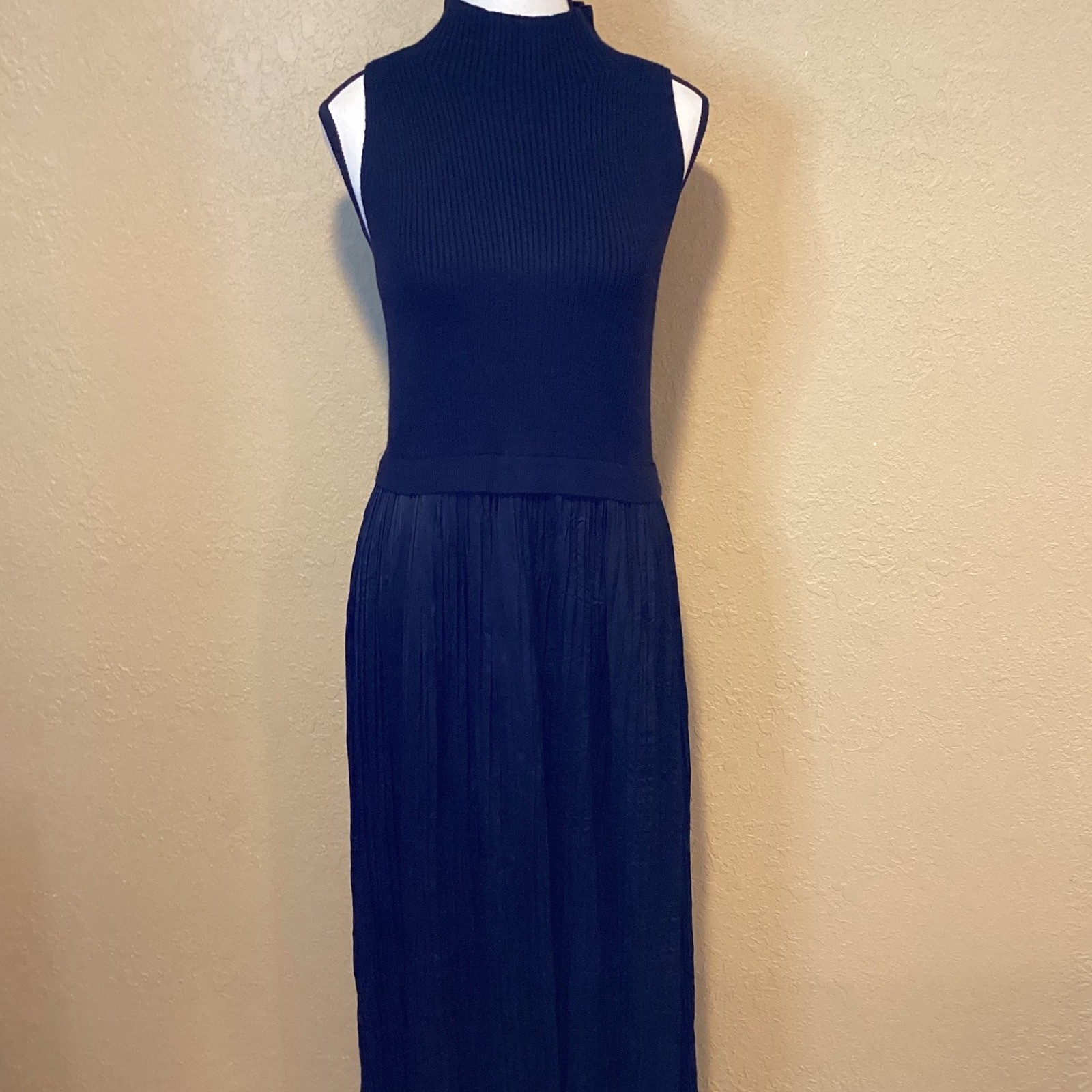Tribal Femme Black Maxi Dress, Size Medium, knit Sleeveless top, pleated skirt