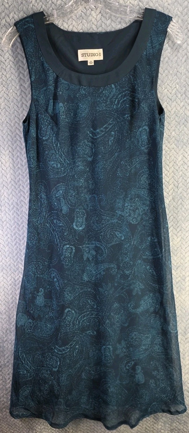 Sleeveless Teal & Black Dress, Studio I Women’s Size 12 Sheer Overlay Boho