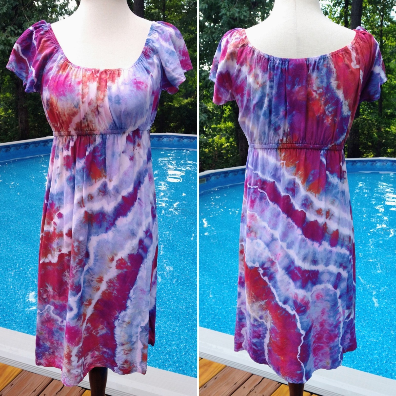 Coral, Orchid, Ice Blue & Cobalt Ice Dye Tie Dye Midi Peasant Style Dress ~ Sz S