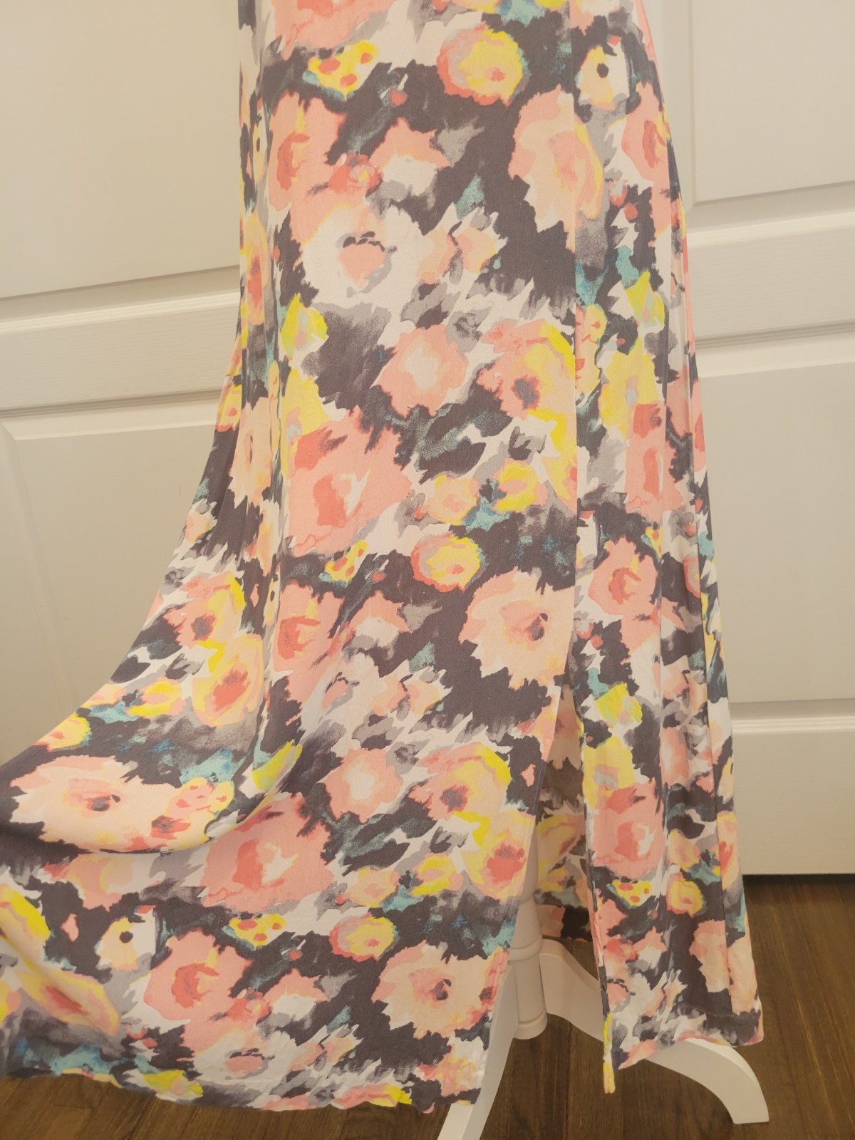 Gray Pink Floral Midi Dress Sleeveless Empire Waist Slit Lined Loft 8