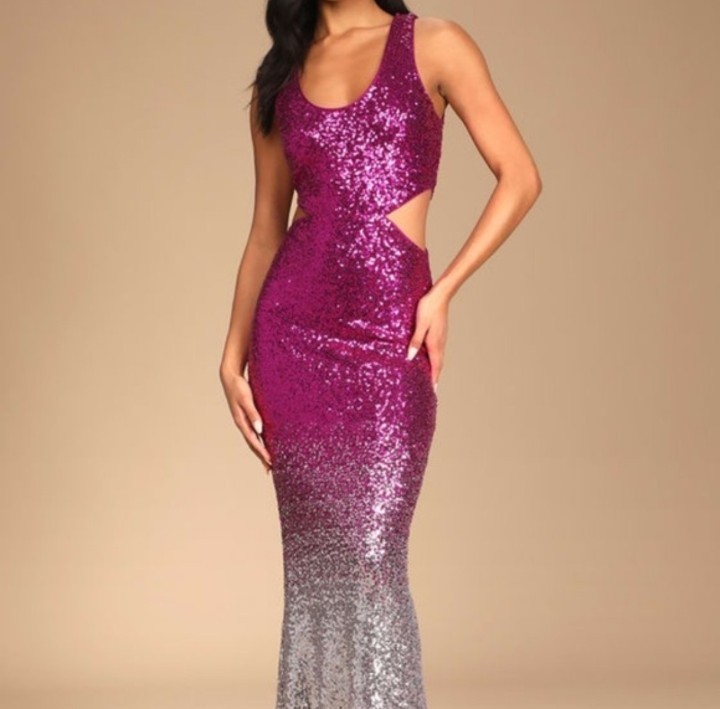 Lulus Sequin Ombre Formal Dress Mermaid Sleeveless Cutout Pink Silver Size M