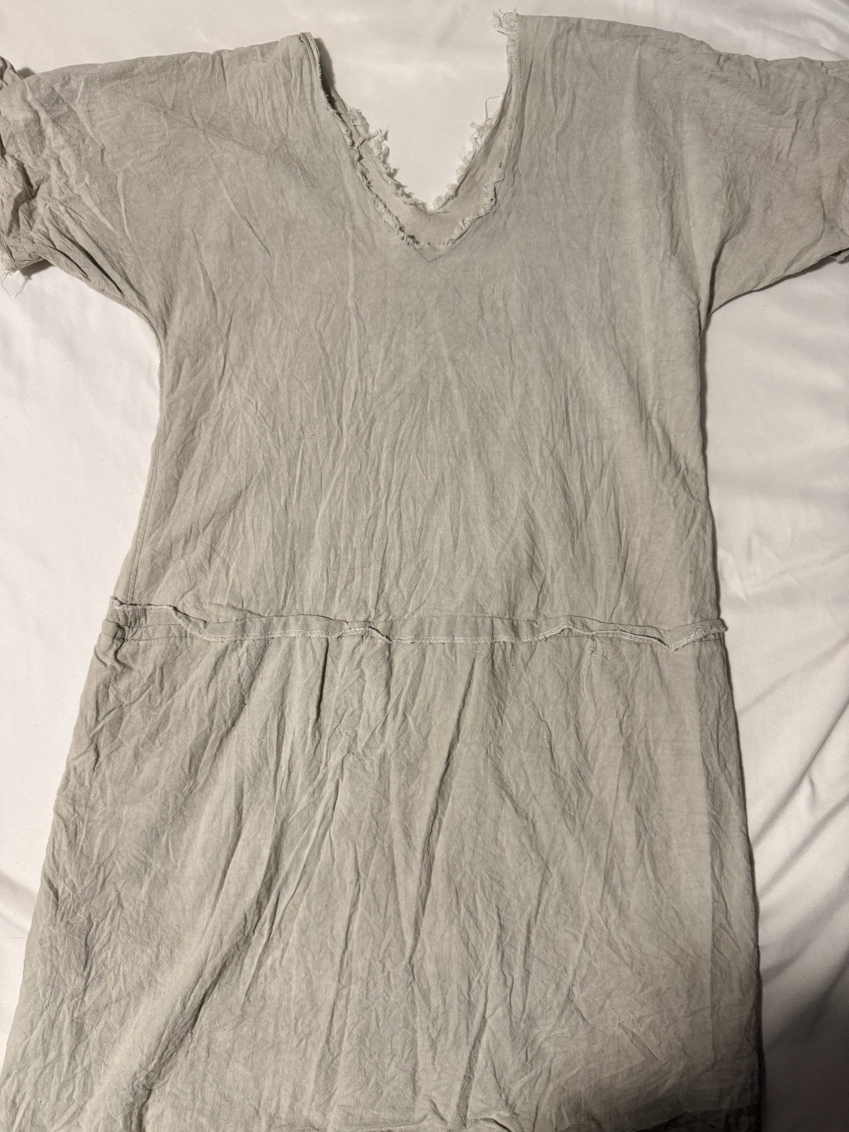 Raw Hem Shift Dress Beige Short Sleeve Fringed Linen Like Breathable Comfort