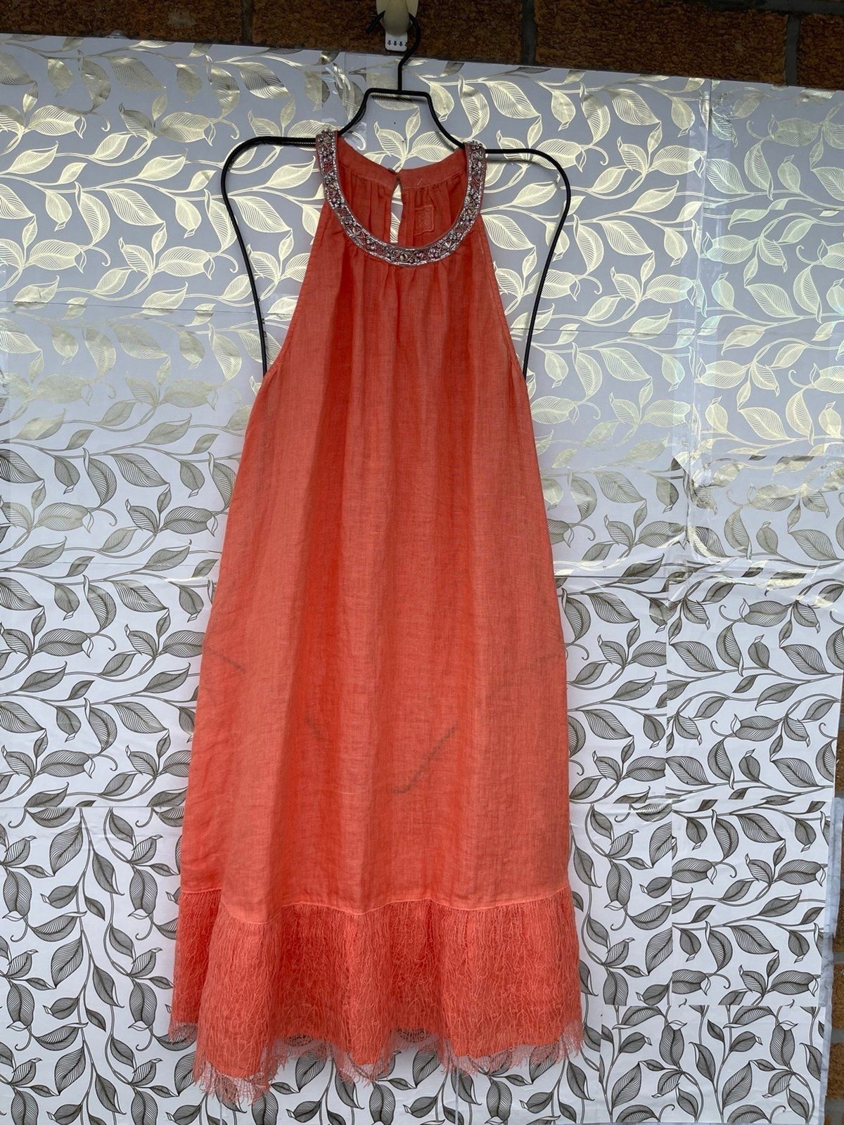 120% Lino Orange Halter Linen Shift Dress Embellished Neck Fringe IT 48 /12