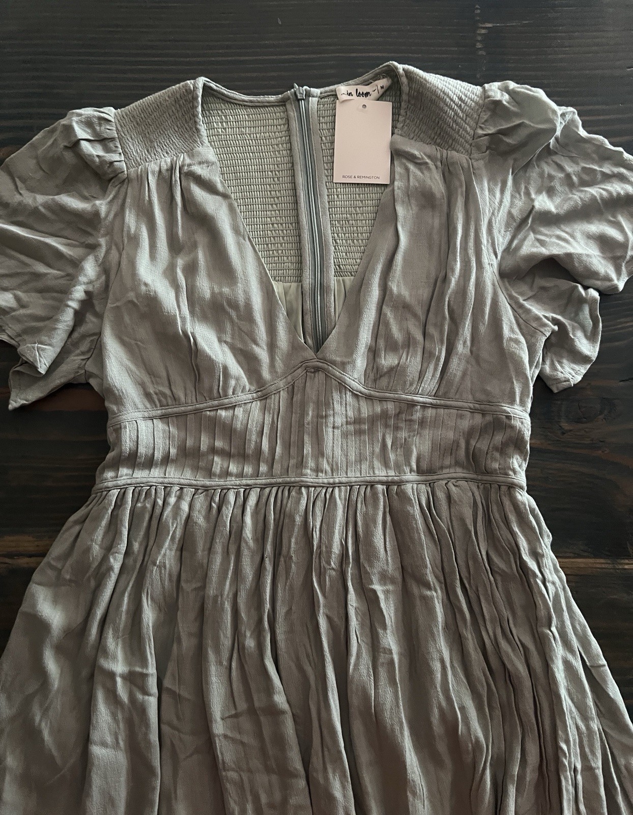 Rose and Remington Light Sage Smocked Back Rayon Dress Size M NWT