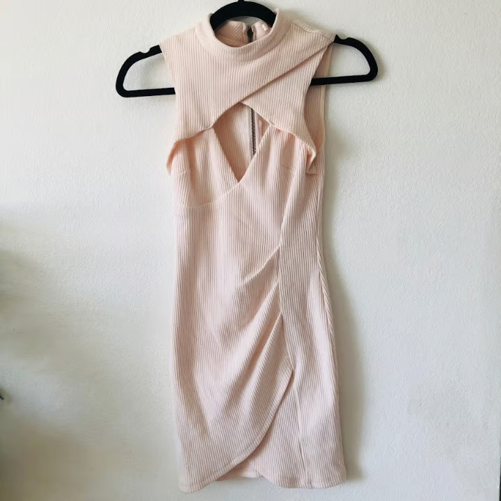 Luxxel Ribbed Cutout Mock Neck Bodycon Dress Blush Pink S