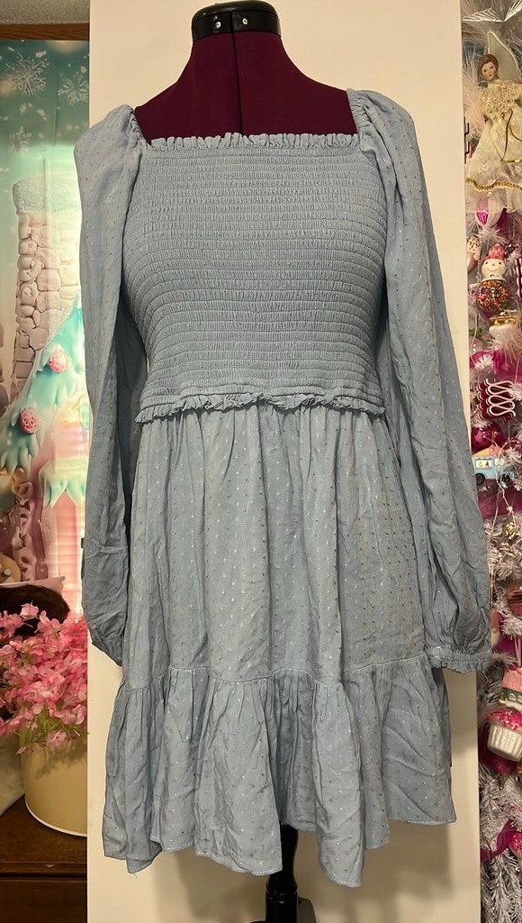 1.STATE Smocked Mini Dress Women L Blue Good Swiss Dot Puff Sleeve Tiered