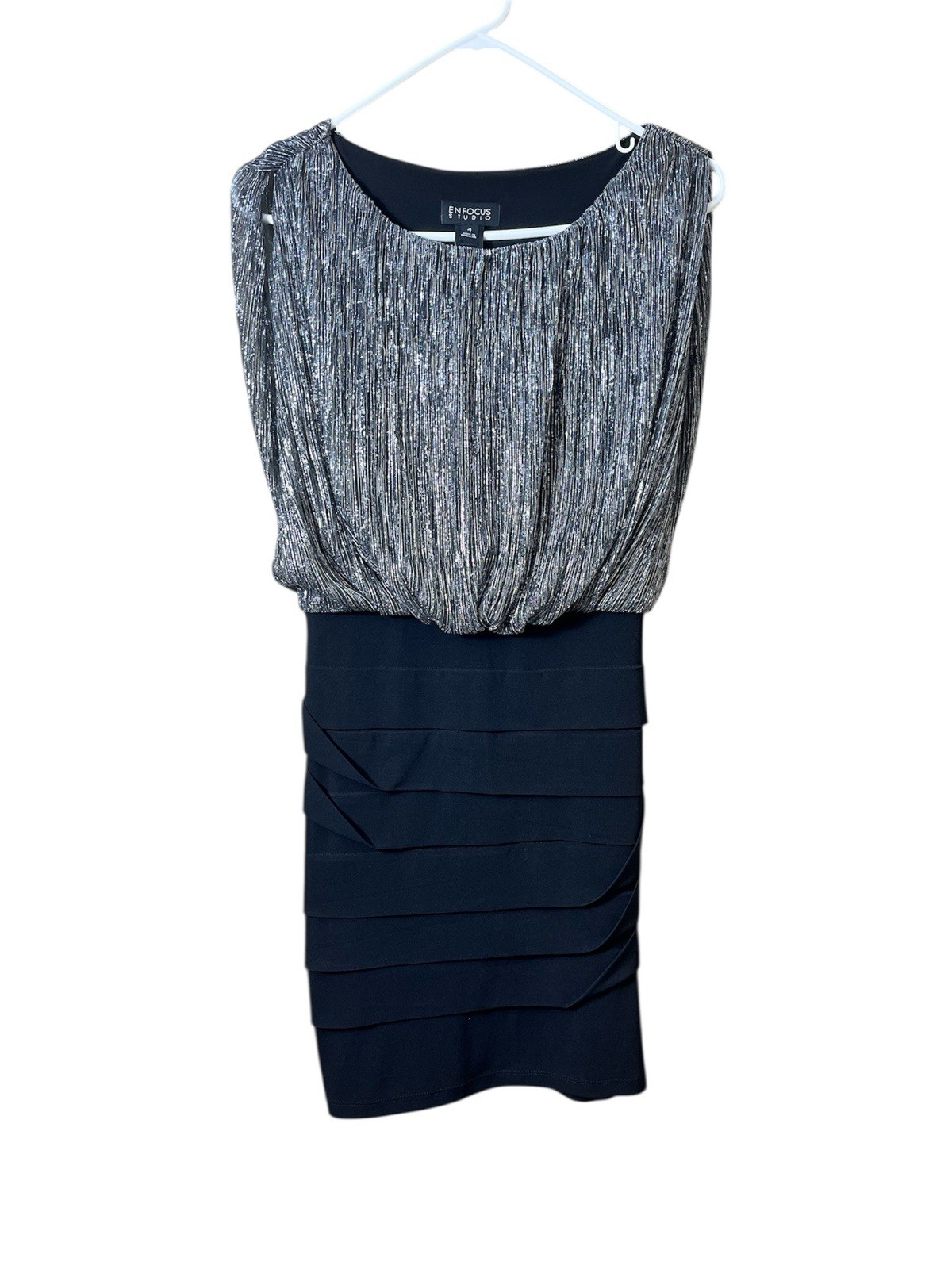 Enfocus Studio Silver Black Blouson Dress Size 4 Tiered Bandage Cocktail Glam