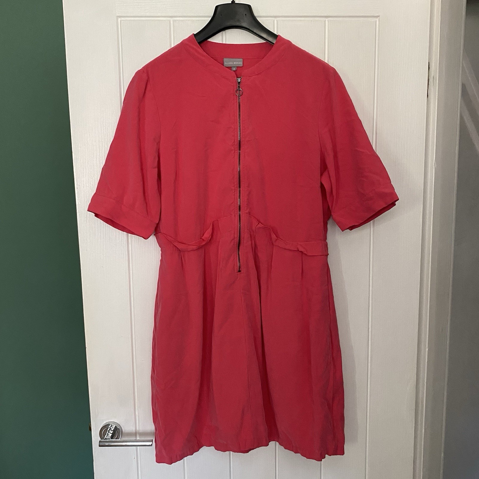 OLIVER BONAS Midi Dress 12 Zip Front Pleated Waist Red Viscose Great Condition
