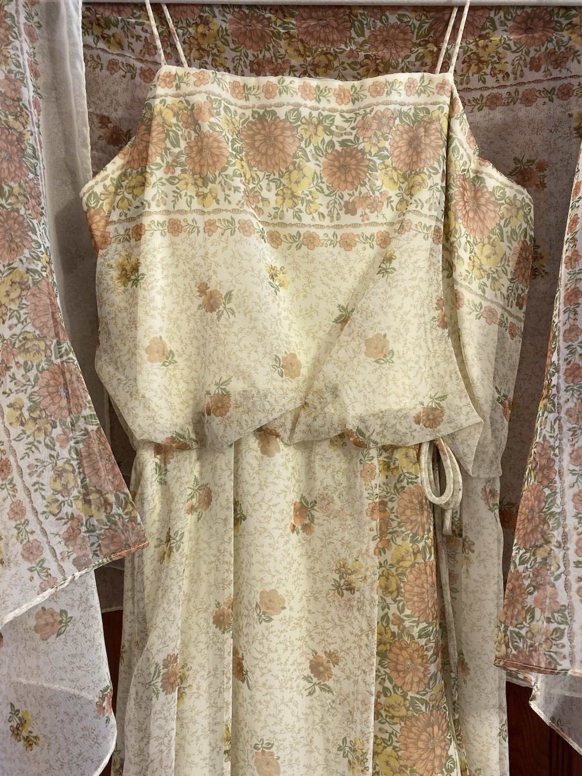 VTG 70s Handmade Chiffon Ivory Floral long Dress Gown Sheer Shawl Sleeveless XXS