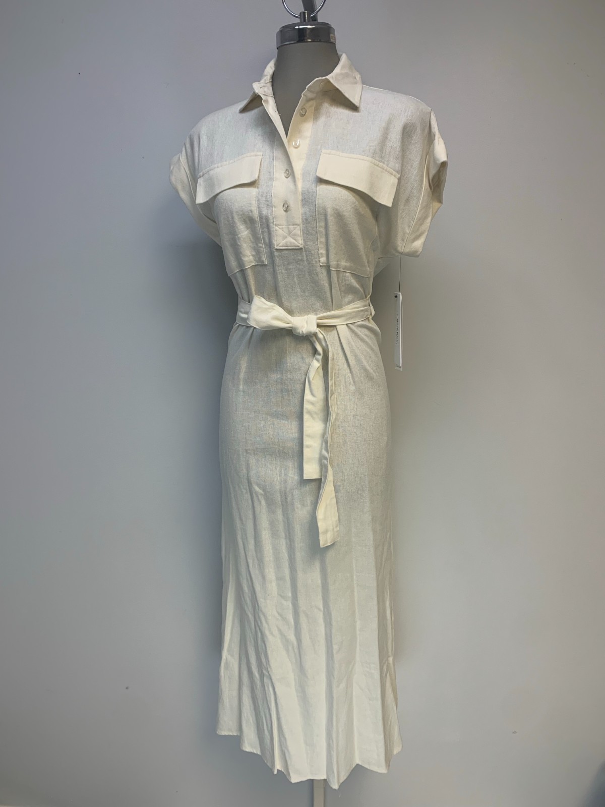 NWT Calvin Klein Elegant Linen Natural Short Sleeve Midi Shirt Dress Belt size 4