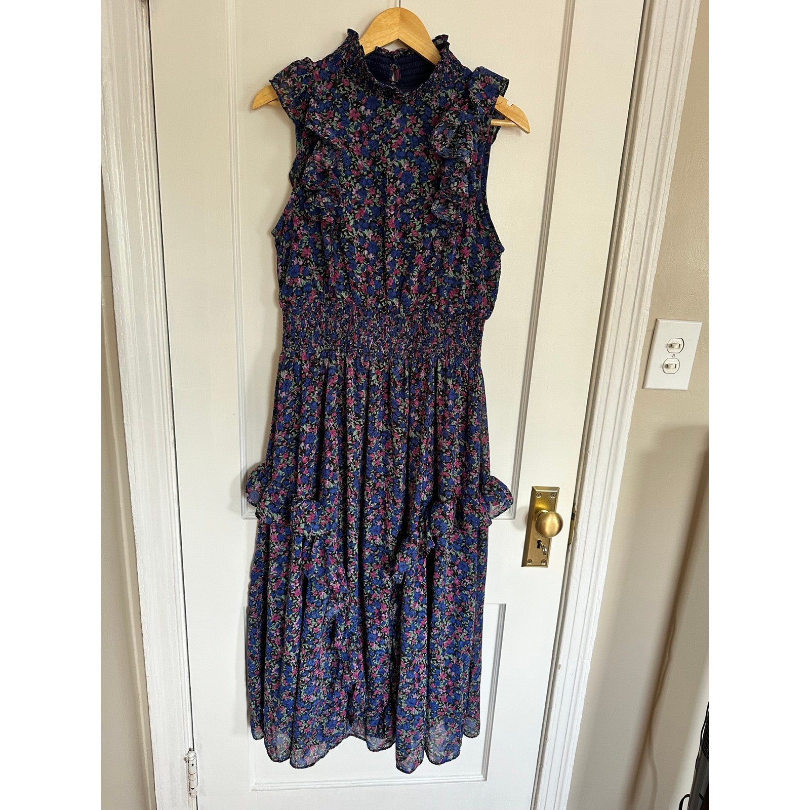 Lulus Evalina Blue Floral Midi Dress Smocked Ruffle Garden Wedding Guest Large